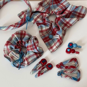 Red and blue plaid fabric bow hair accessory set with scrunchies and sweet clips
