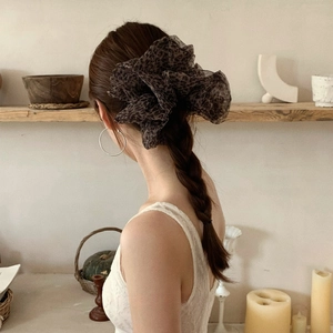 Brown leopard print organza hair scrunchie for voluminous buns and ponytails