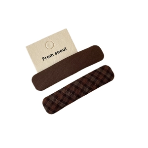 Retro brown plaid fabric hair clip set with minimalist aesthetic on white display card