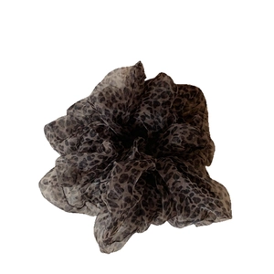 Leopard print sheer mesh scrunchie hair tie for women in classic brown and black tones