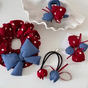 Retro Red Polka Dot Denim Bowknot Hair Accessories Fabric Scrunchie Hair Claw Clip Duckbill Clip Hair Tie Women Jewelry
