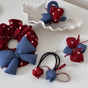 Chic red polka dot mushroom bow hair clip set with elegant fabric shark clip and hair ties