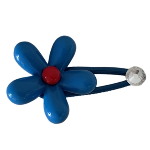 Vibrant blue floral hair clip with red center and crystal accent for women and girls