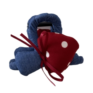 Denim hair claw clip with red polka dot bow and mushroom style fabric accessory