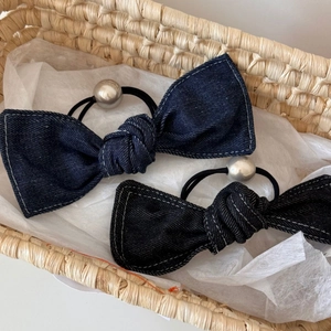 Denim bow hair scrunchie set with white stitching and silver ball bead charm