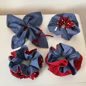 Sweet Korean Style Denim Patchwork Red Polka Dot Handmade Fabric Scrunchie Hair Tie Preppy Fabric Headwear For Women Girls