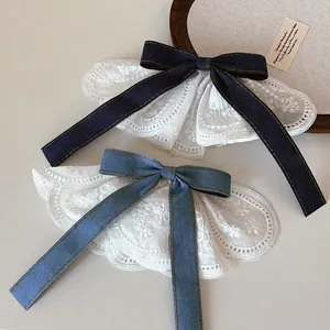 Korean Style Denim Bow Lace Hair Clip For Women Sweet Floral Embroidery Spring Clip Preppy Style Large Hair Barrette Hair Accessories
