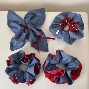 Blue denim and red polka dot scrunchie set with handmade ribbon bow accessory