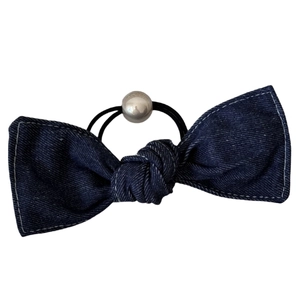Denim blue oversized bow hair scrunchie with white contrast stitching and silver sphere detail