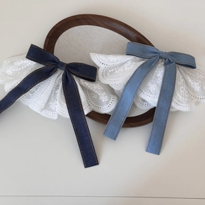 Denim bow hair clip with white floral embroidery lace, elegant Korean style accessory
