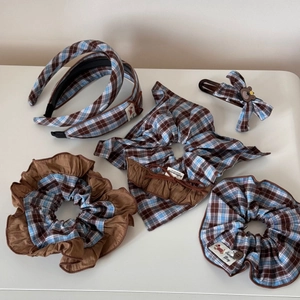 Parure d'accessoires cheveux à carreaux bleu et marron avec chouchous et bandeau