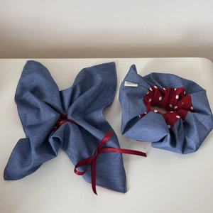 Blue denim and red polka dot handmade scrunchie set with bow accessory and textile label