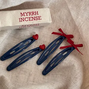 Barrettes à Cheveux Bleu Marine Style Coréen Doux Cœur Rouge Nœud Épingles à Cheveux Mode Pinces à Frange Bijoux Femme