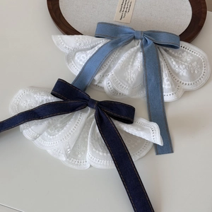 Sweet white lace faux collar with large denim bows in dark and light blue colors