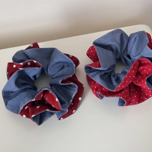 Set of two denim blue and red polka dot scrunchies in a sweet fairy tale aesthetic