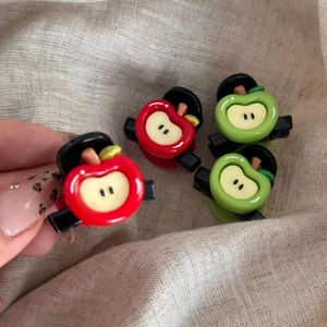Set of four cute red and green apple hair clips made of smooth resin for women