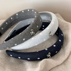 Korean Style Polka Dot Wide Headband For Women Minimalist Fabric Sponge Hair Hoop With Rhinestone Metal Bowknot Elegant Headwear Accessory