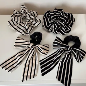 Korean Style Striped Bow Streamer Scrunchies Vintage Black White Satin Fabric Pleated Hair Ties For Women Girls Jewelry