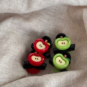 Mini red and green apple hair clips set of 4 for women and girls on linen fabric