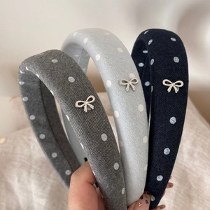 Chic padded polka dot headbands with silver bow accents in grey, blue and navy set