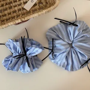 Ballet Style Blue Striped Hair Scrunchie With Black Bow Ribbon For Women Sweet Fabric Handmade Pleated Hair Ties Fashion Hair Accessories