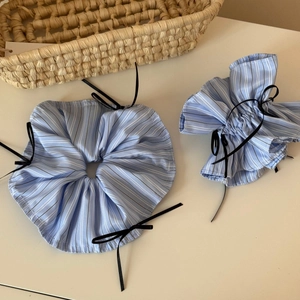 Blue striped ballet style scrunchie set with black ribbon bows for elegant hair styling