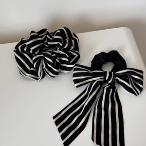 Striped scrunchie and long ribbon bow hair tie set in black and white minimalist style