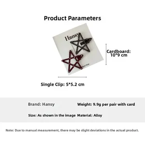 Close-up of star hair clips in burgundy and grey dots with dimensions on packaging