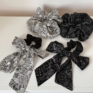 Vintage Paisley Print Fabric Scrunchies With Bow Streamer Large Intestine Hair Ties Bandana Retro Hair Accessories For Women