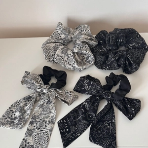 Vintage paisley oversized scrunchies and bow hair ties in black and white patterns
