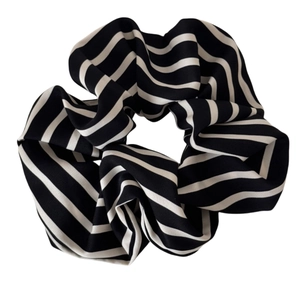 Classic black and white striped oversized scrunchie hair tie with elegant pleated fabric design
