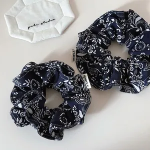 Navy Blue Floral Fabric Scrunchies For Women Handmade Sweet Korean Style Large Intestine Hair Ring Daily Hair Accessories