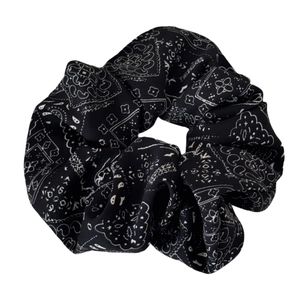 Retro black paisley print oversized scrunchie with soft fabric texture and pleated design