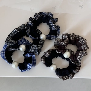 Elegant plaid lace scrunchies with faux pearls in blue black and brown set of three