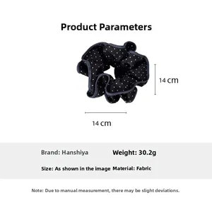 Polka dot fabric scrunchie detail showing 14 cm diameter and 30.2g weight specifications