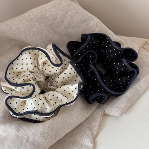 Black and white polka dot scrunchie set with denim blue contrast piping trim