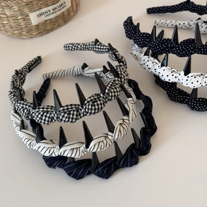 Serre-tête vintage en tissu à pois et rayures avec dents antidérapantes et pointes punk