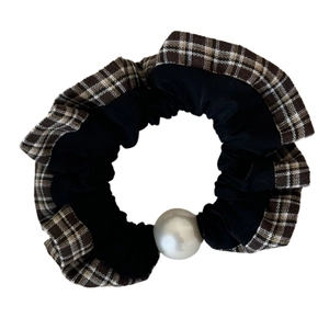 Elegant plaid lace scrunchie with white pearl detail for classic ponytail hairstyle
