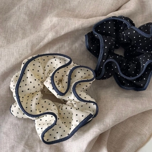 Sweet polka dot scrunchies in cream and black with navy denim blue edge for women