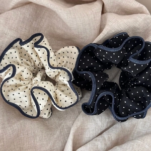 Polka dot denim edge scrunchies set in black and white for low ponytail styling
