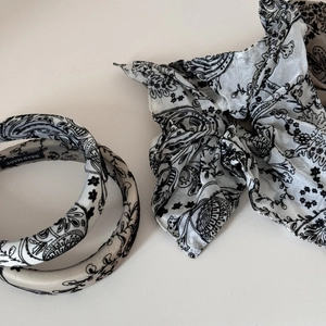 Handmade paisley floral headband and scrunchie set in vintage black and white fabric