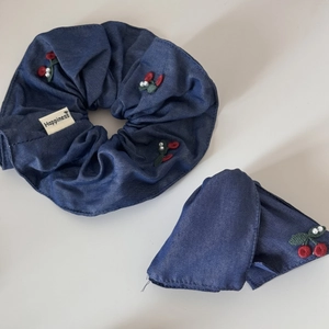 Denim bow hair claw and scrunchie set with red cherry embroidery and white pearls