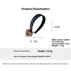 Detail showing dimensions and material of blue plaid fabric headband for women