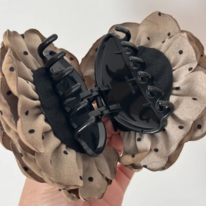 Detail view of large hair claw clip with polka dot chiffon rose flowers for women
