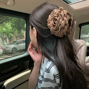 Brown polka dot rose hair claw clip for women's elegant hairstyle in car setting