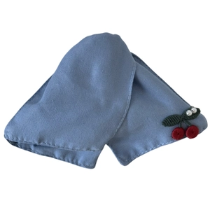 Blue denim hair claw clip with red cherry embroidery and elegant pearl accents