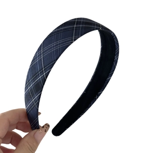 Classic British style navy blue plaid fabric headband with non-slip lining