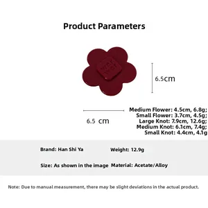Size chart showing acetate flower and bow hair clip dimensions from 3.7cm to 7.9cm