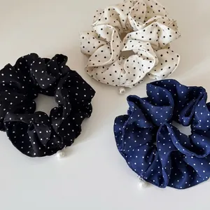 French Polka Dot Scrunchies Fabric Hair Ties With Artificial Pearl Pendant Elegant Elastic Hair Bands For Women Daily Styling