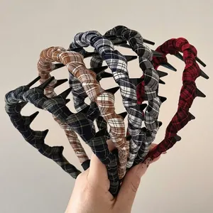 Plaid Cloth Wrapped Headband With Non-Slip Teeth British Style Hair Hoop For Women Daily Hair Accessories